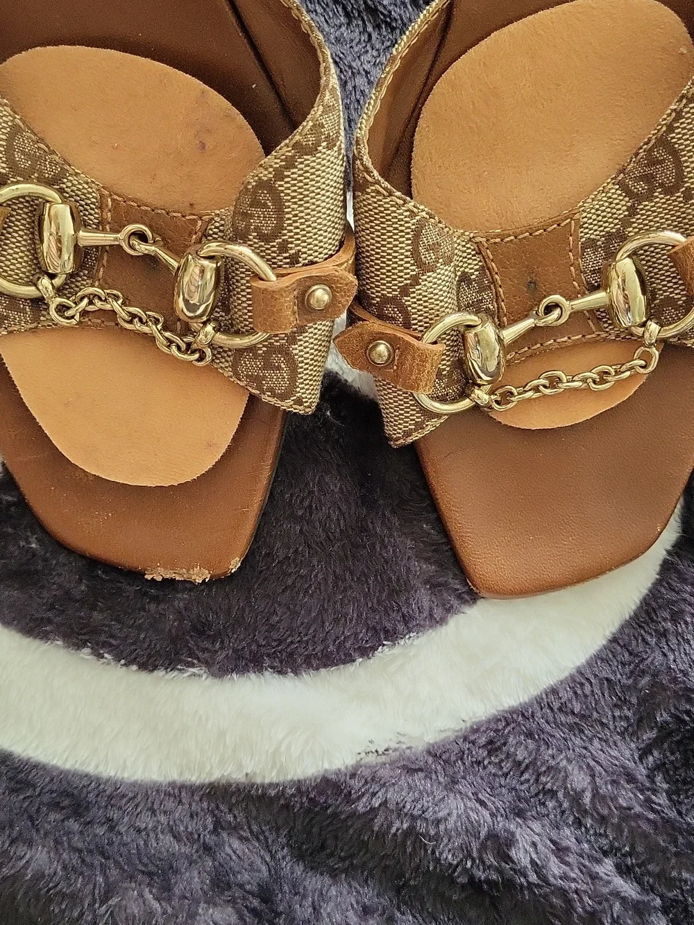 Gucci Brown Monogram Canvas & Leather Slide Mules with Gold Hardware - Picture 8 of 16